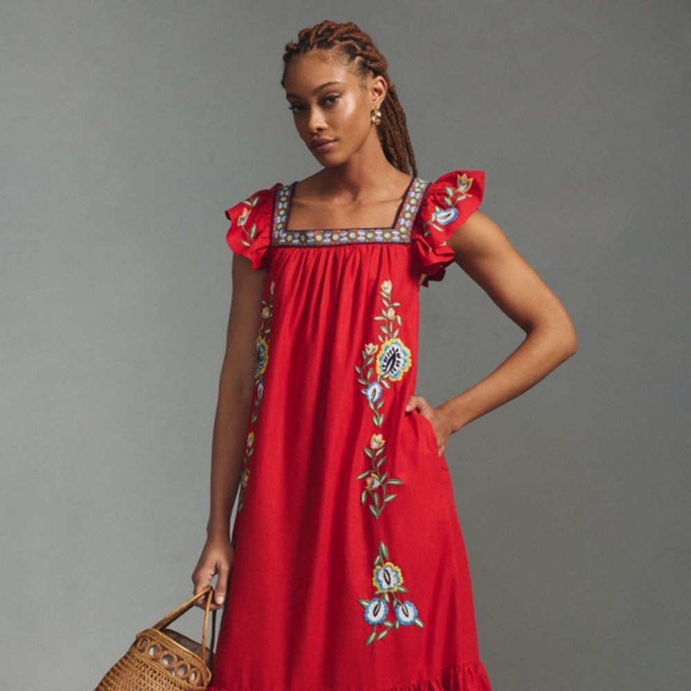 FARM Rio Red Maxi Dress with Colorful Floral Design